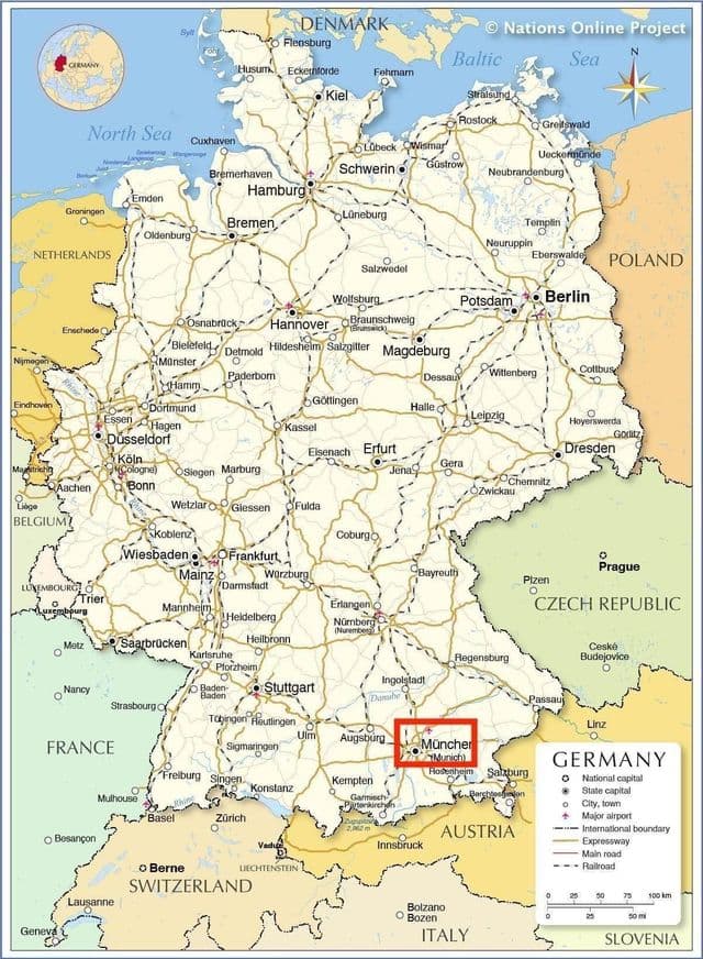 Munich on Bavaria - Germany map